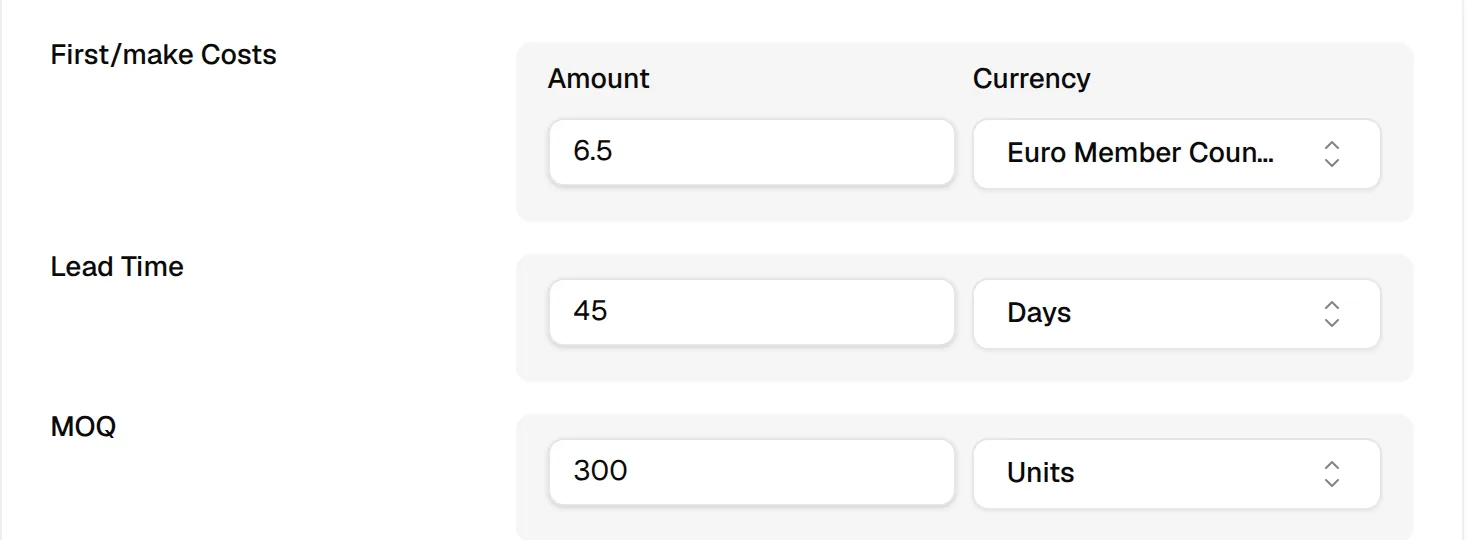 The First/make Costs, Lead Time and MOQ fields with their values and units