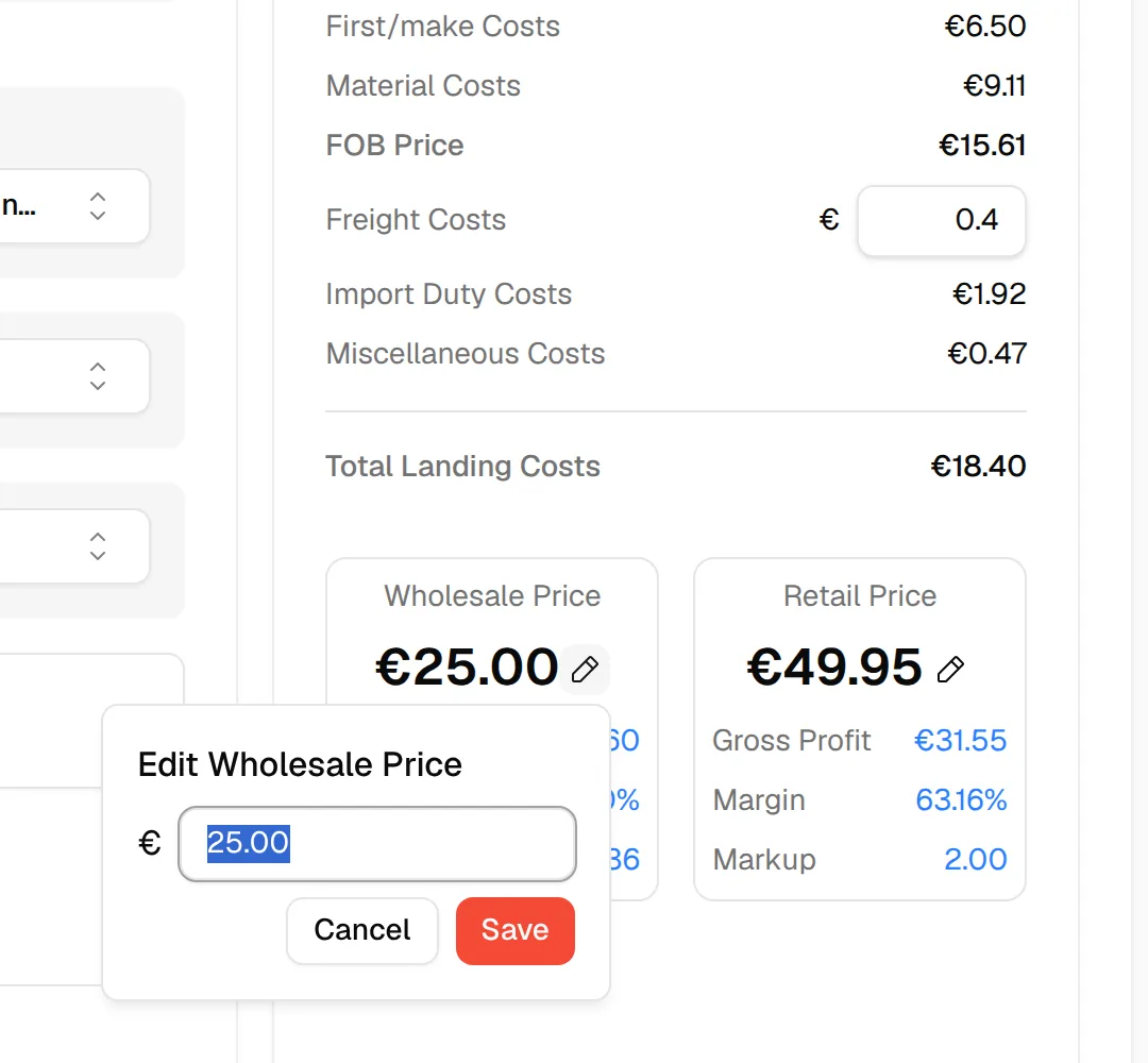 The Edit Wholesale Price popover opened from the pencil icon next to the wholesale price