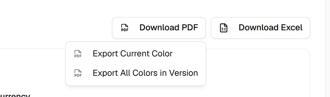 The Download PDF menu with Export Current Color and Export All Colors in Version