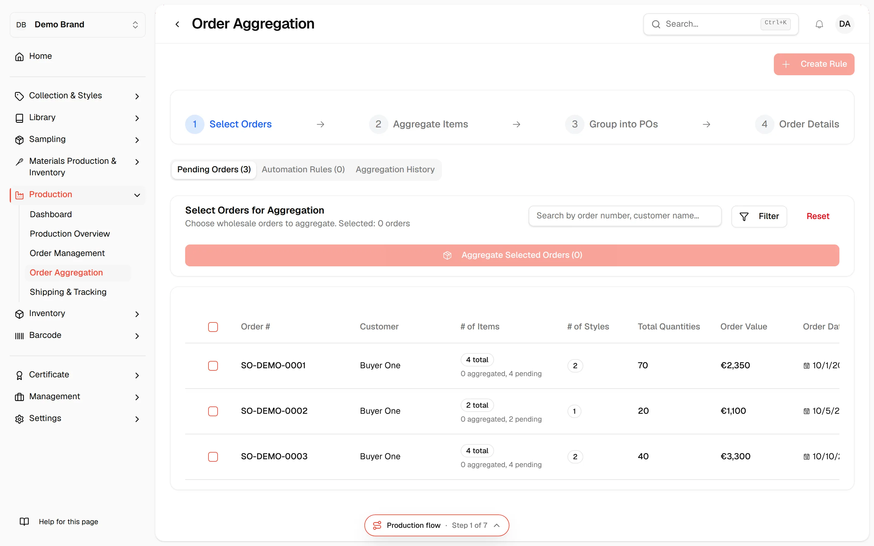 The Pending Orders tab of Order Aggregation with the wholesale orders that wait for aggregation