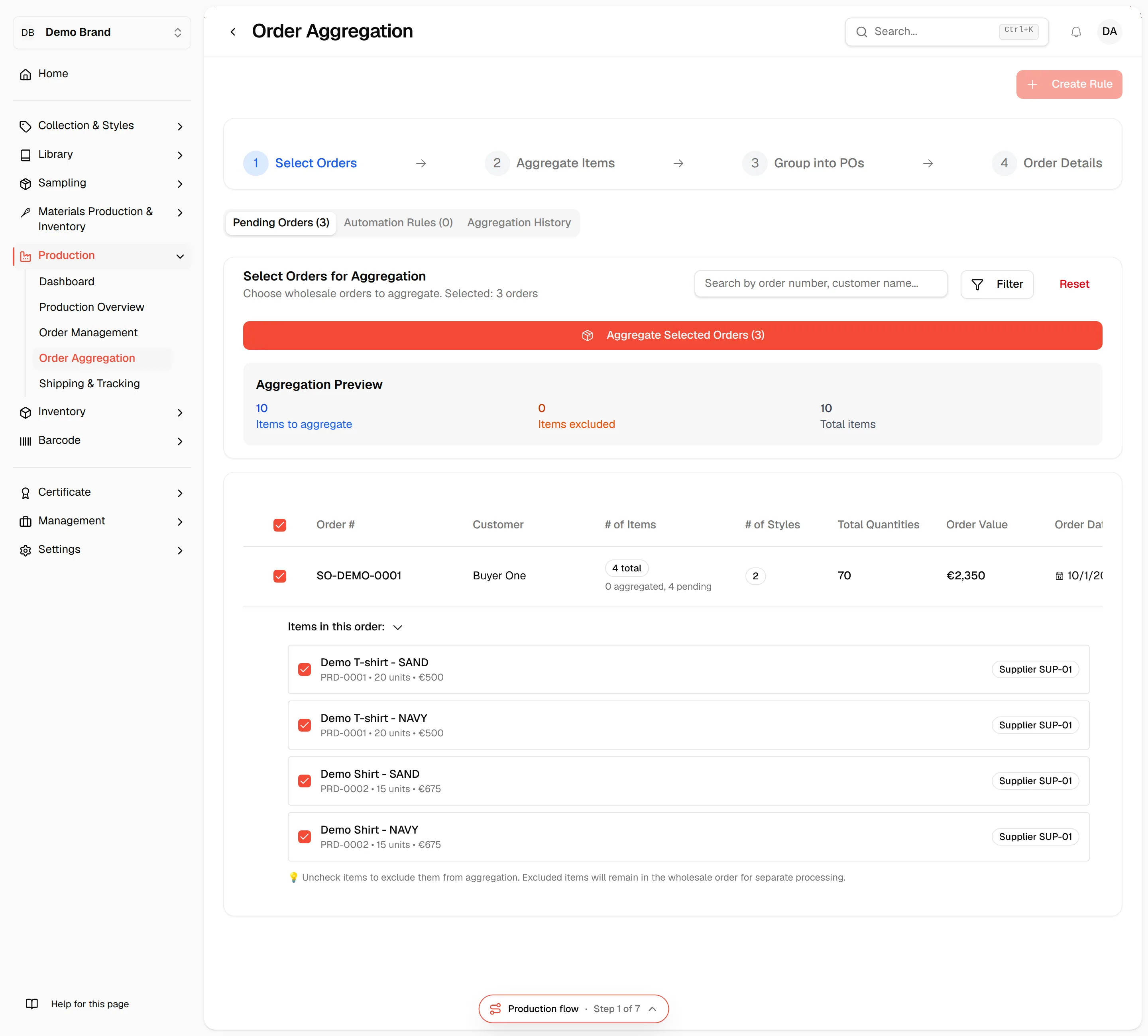 The orders ticked in the list with the Aggregation Preview and the Aggregate Selected Orders button
