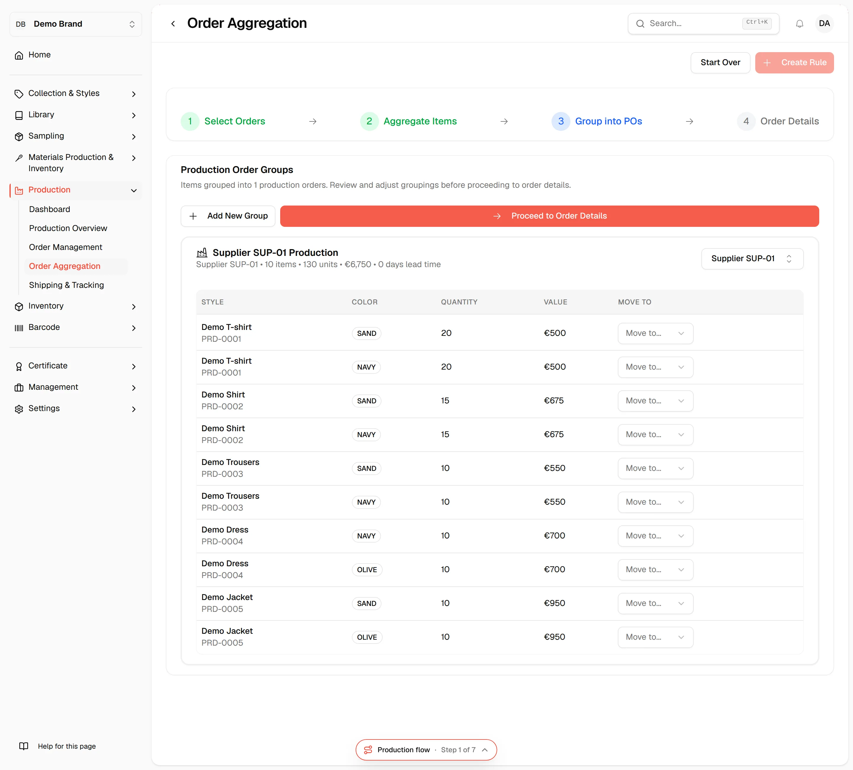 Production Order Groups with one card per factory and the Proceed to Order Details button