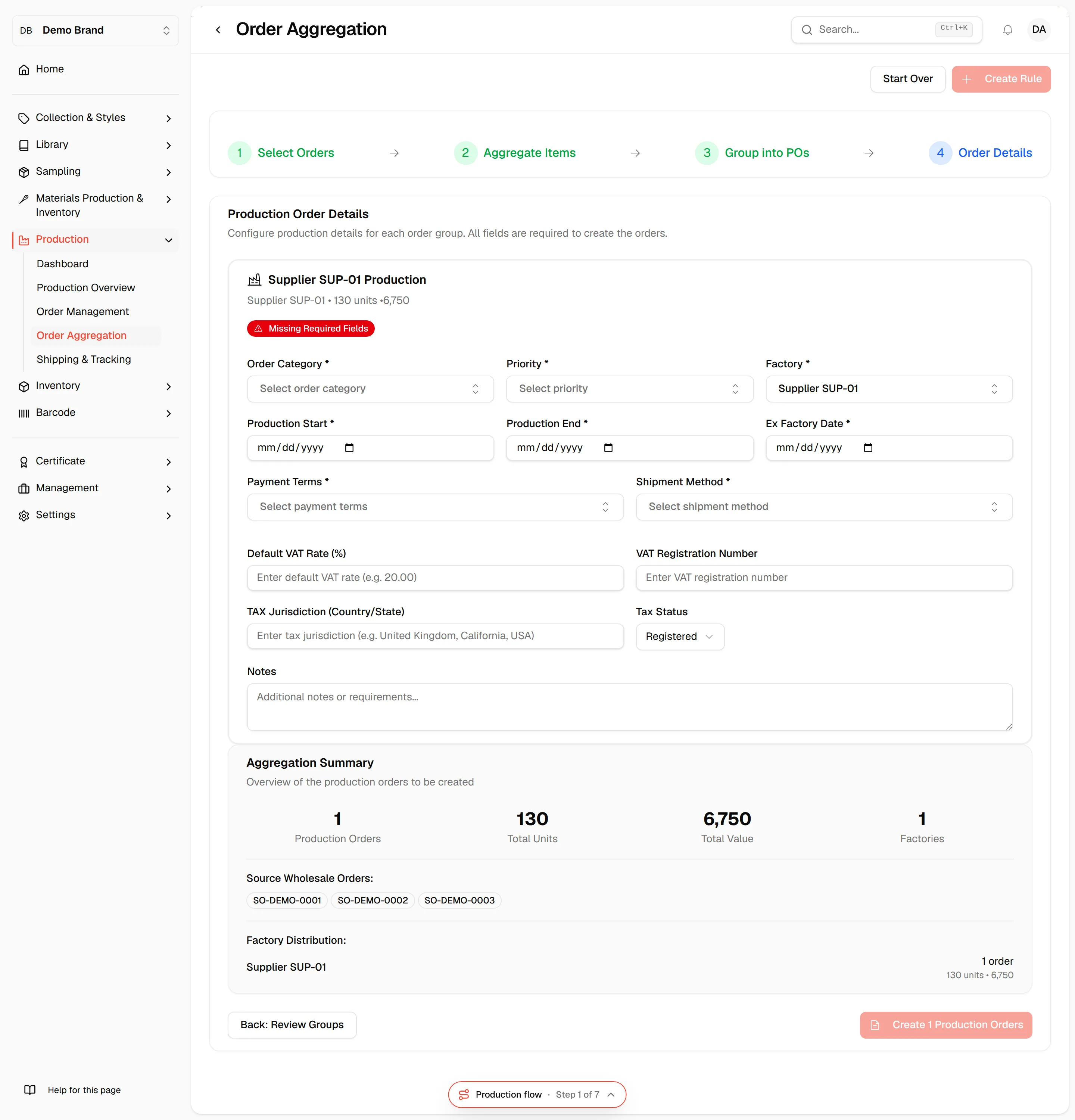 Production Order Details with the required fields for each group, its status badge and the Aggregation Summary