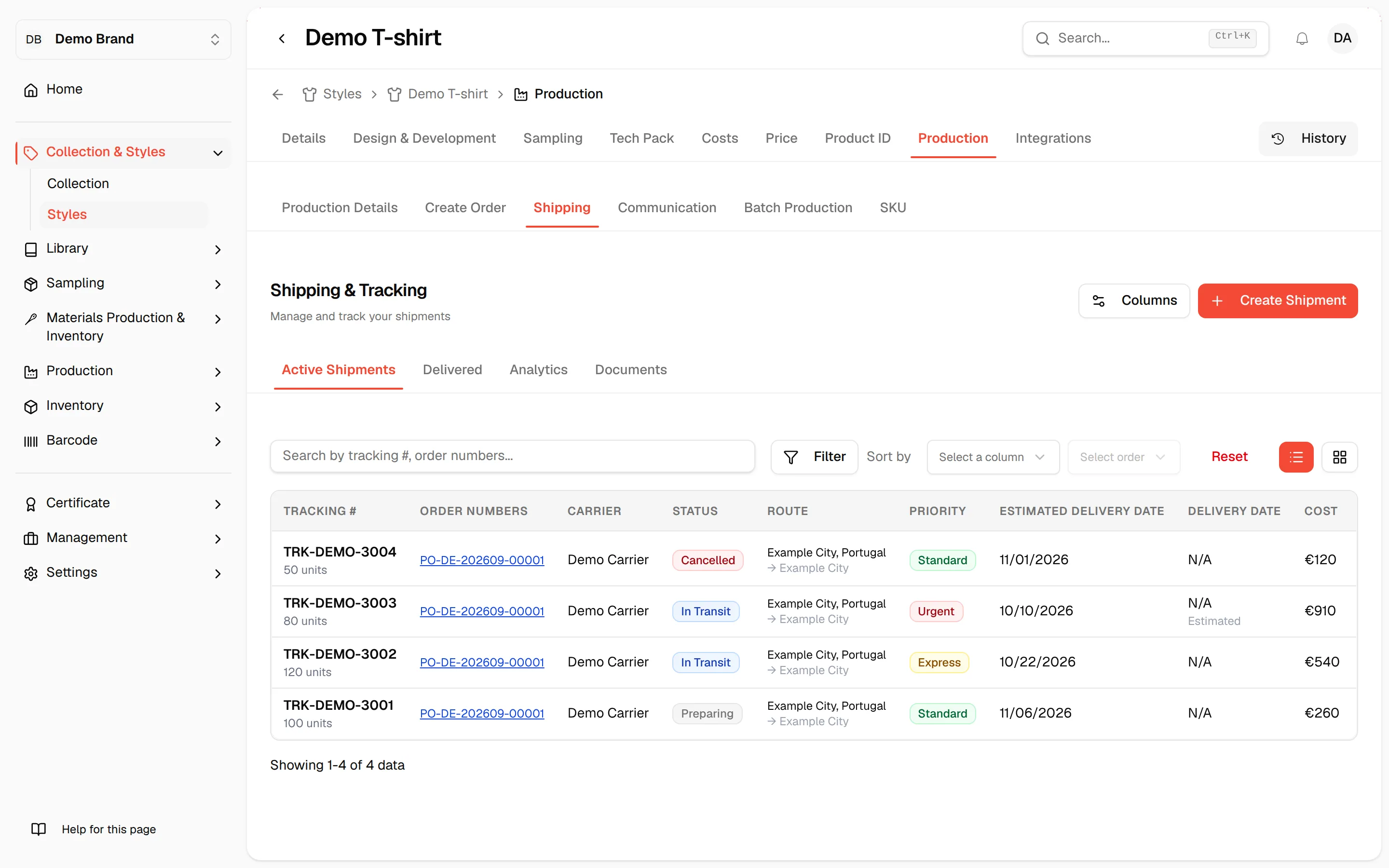 The Shipping tab with the Active Shipments list of the style, its search and filters and the Create Shipment button