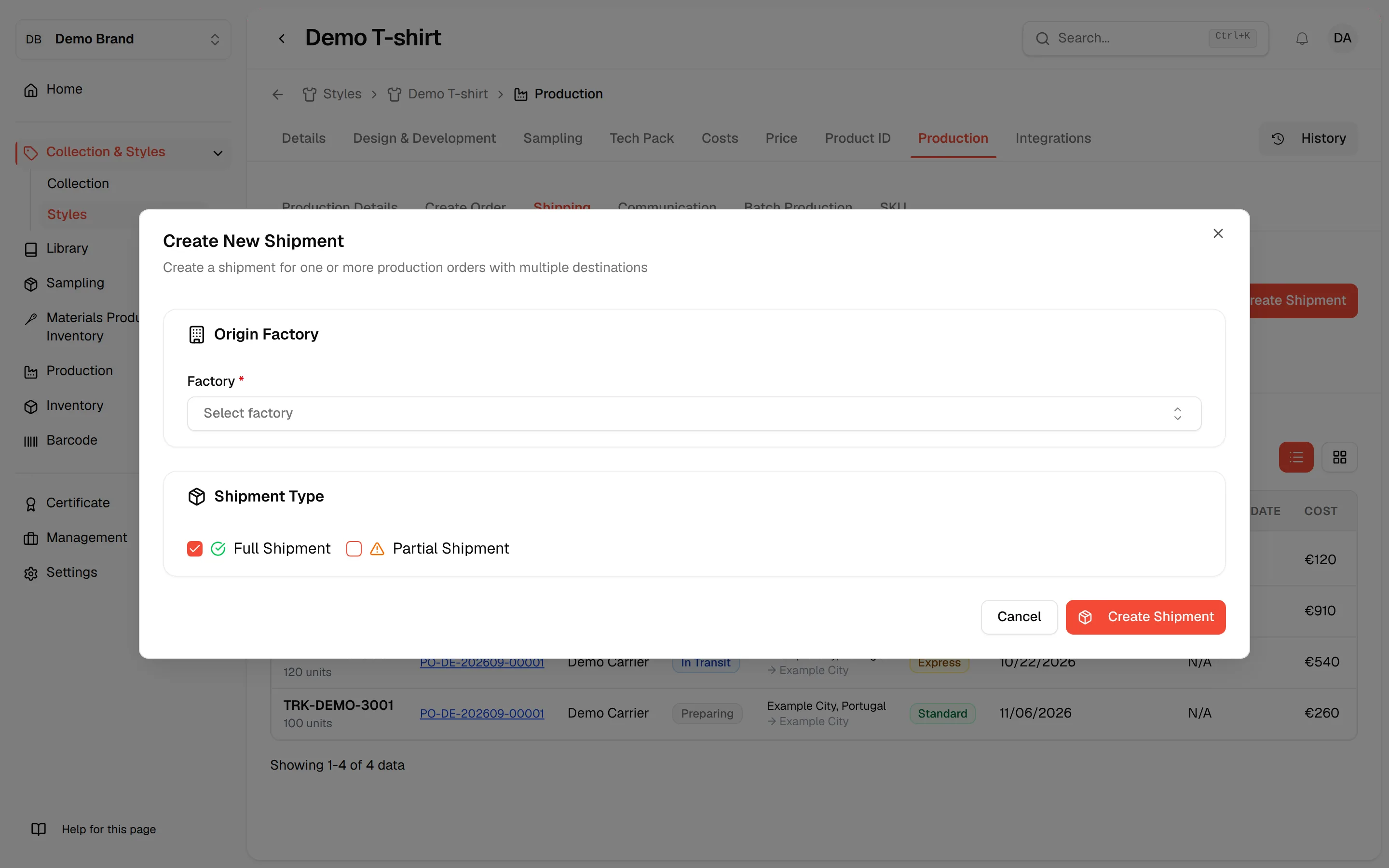 The Create Shipment window with Origin Factory, Shipment Type and the production orders to include