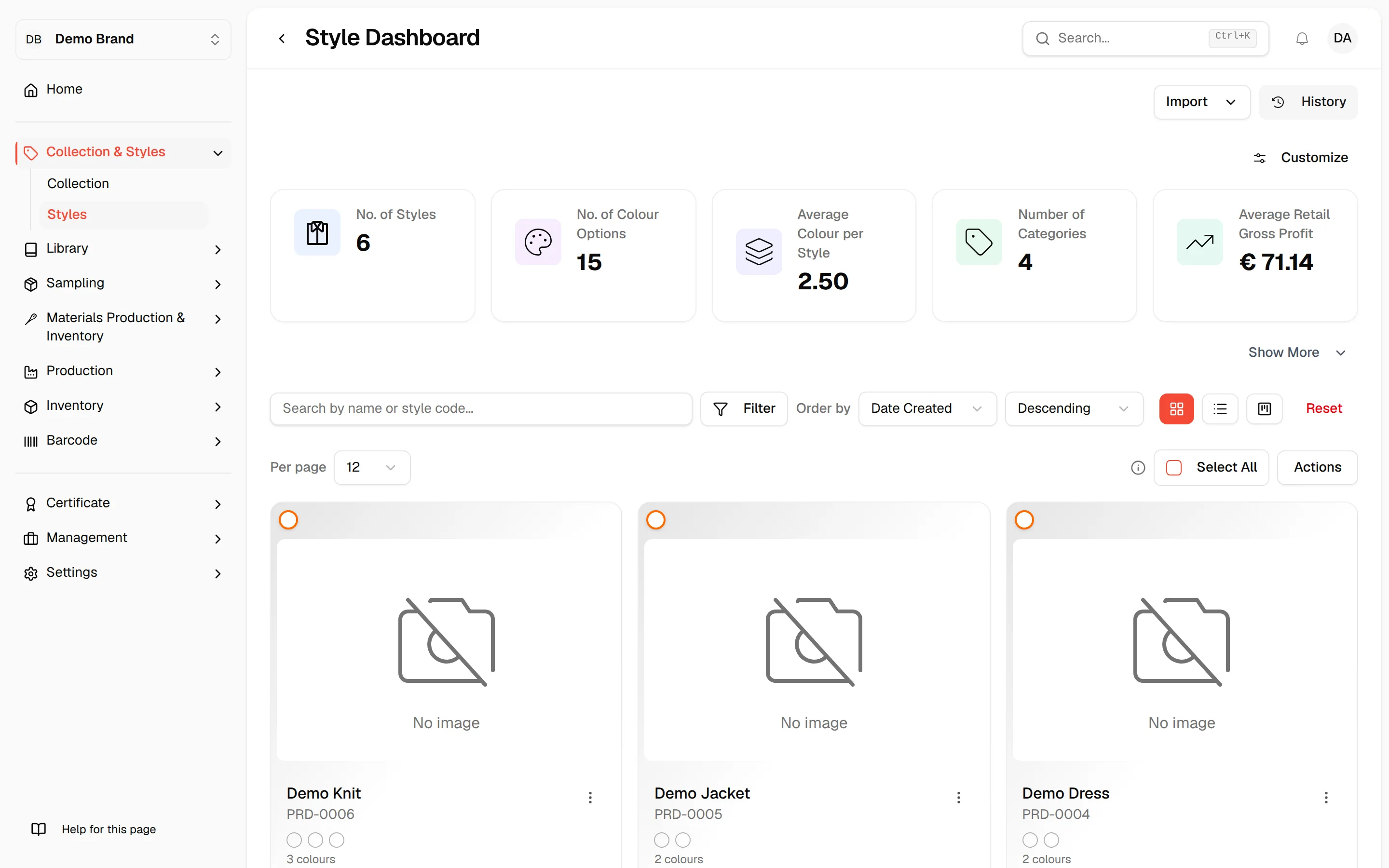 The Style Dashboard with the summary metrics, the toolbar and the style cards