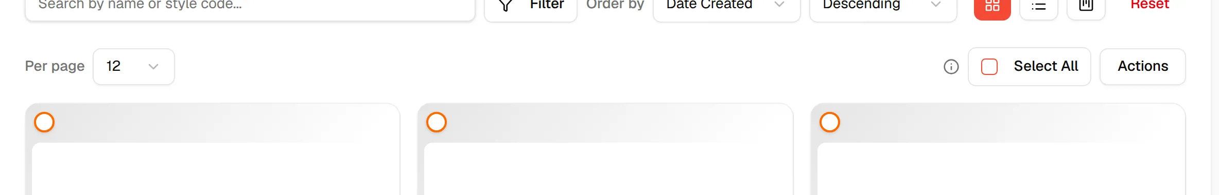 The toolbar with the Card, List and Kanban view buttons next to Select All and Actions