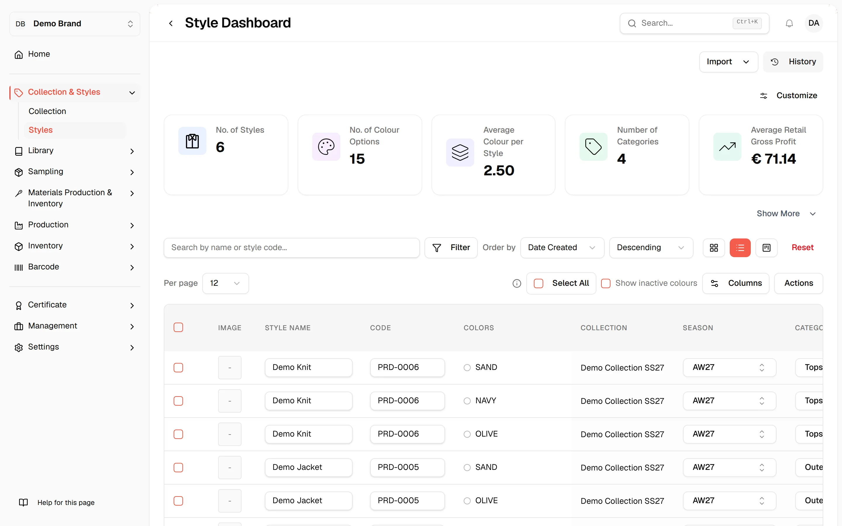 The List View with one table row per style