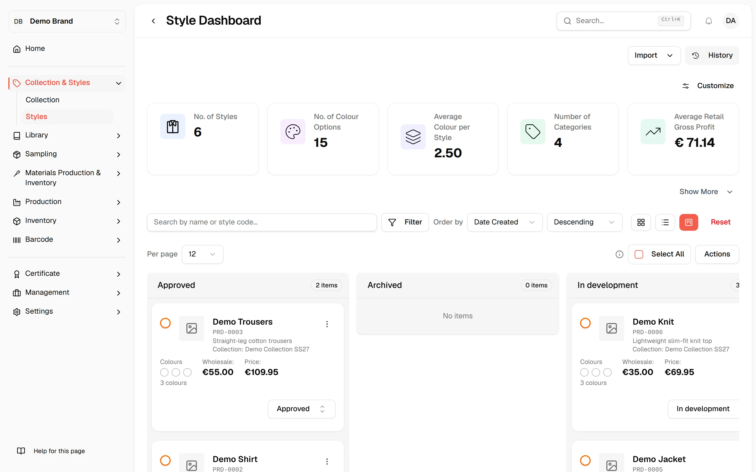 The Kanban View with the styles arranged in one column for each status