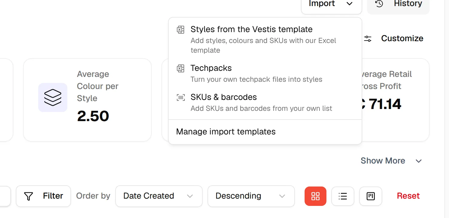 The Import menu with Styles from the Vestis template and the other import options