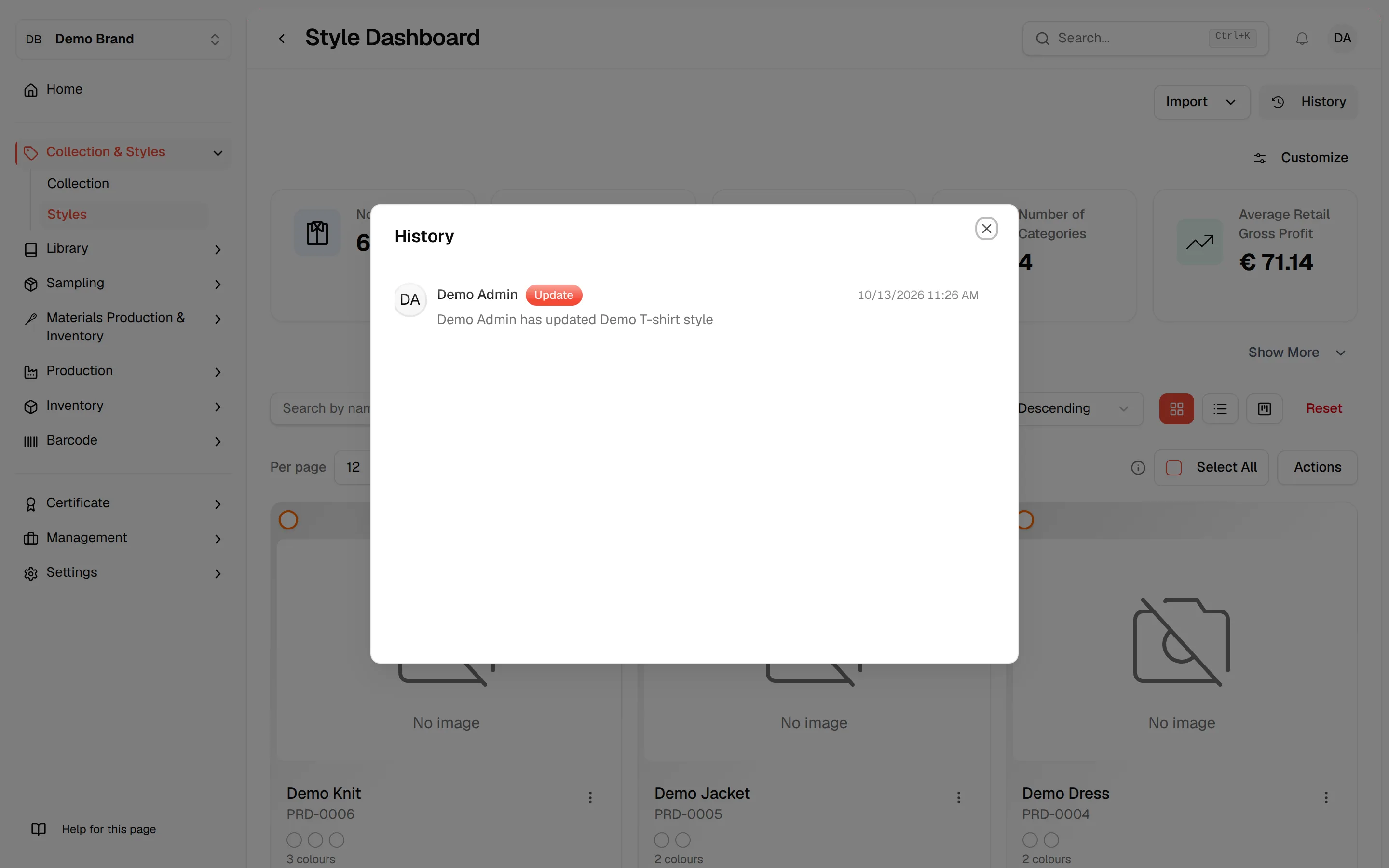 The History panel that lists the actions taken on the styles