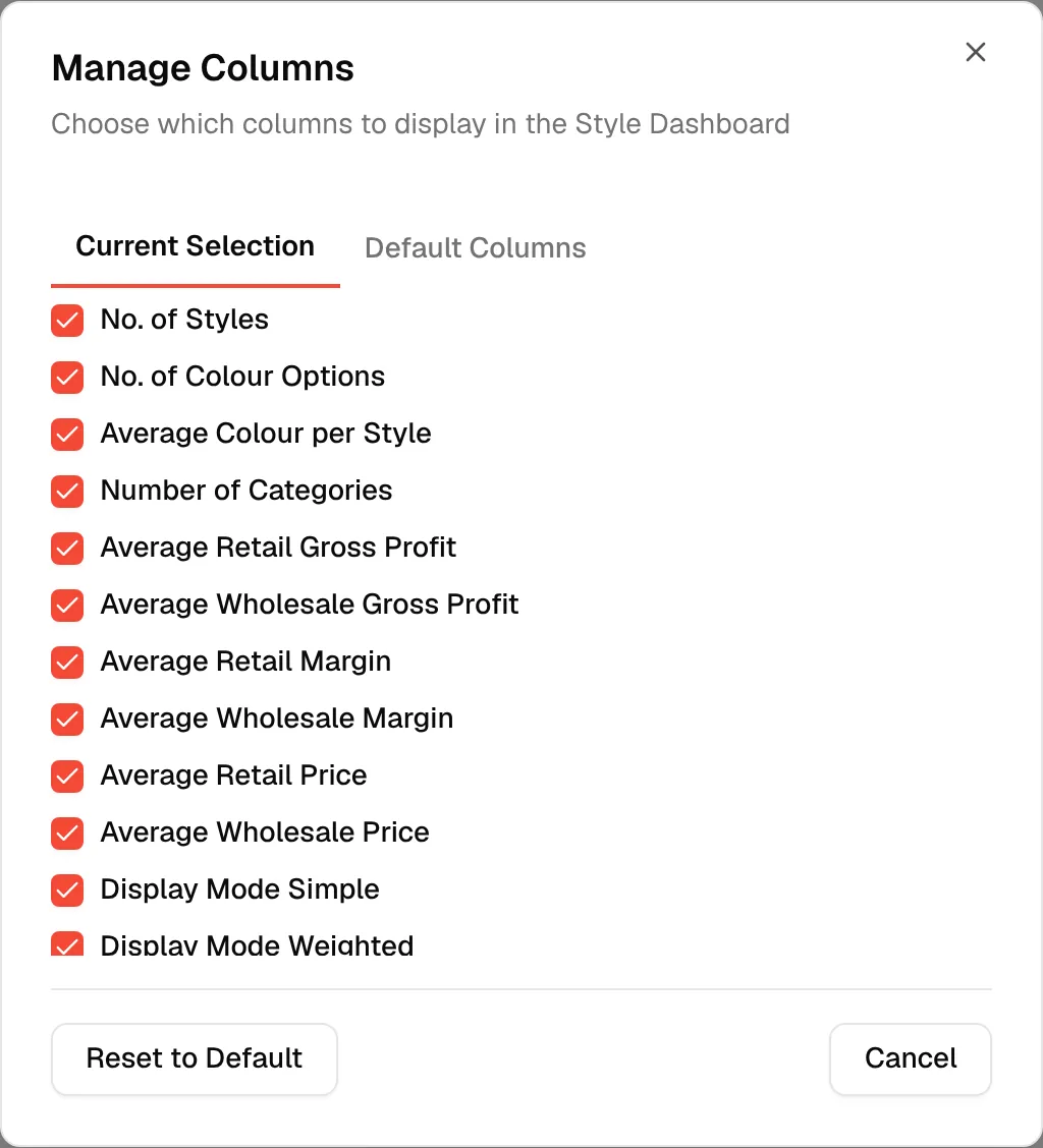 The Manage Columns window opened from Customize, on the Current Selection tab