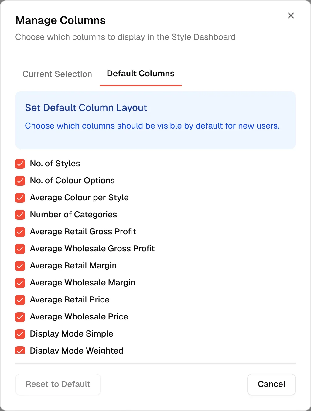 The Default Columns tab with the columns shown by default and Reset to Default