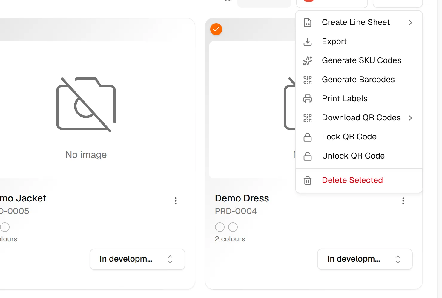 The Actions menu with the bulk operations for the selected styles