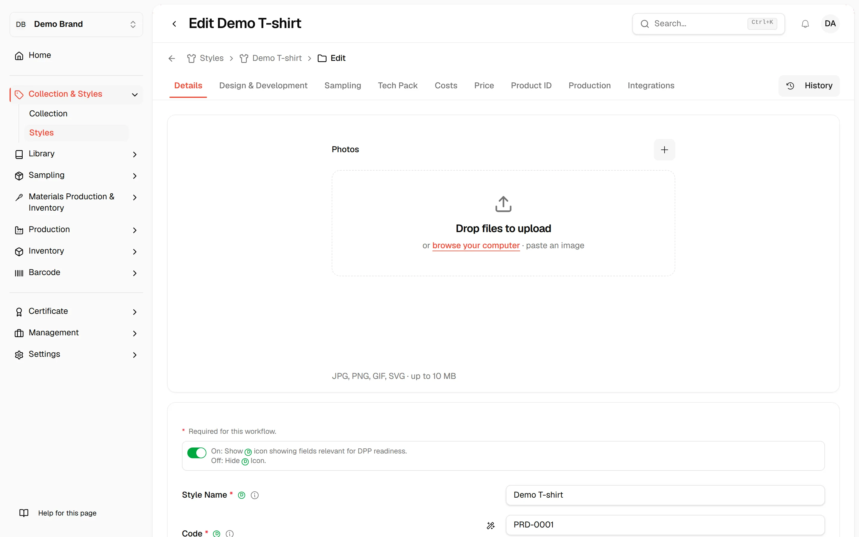 The Details tab of the Demo T-shirt style with the Photos section on top and the style fields below