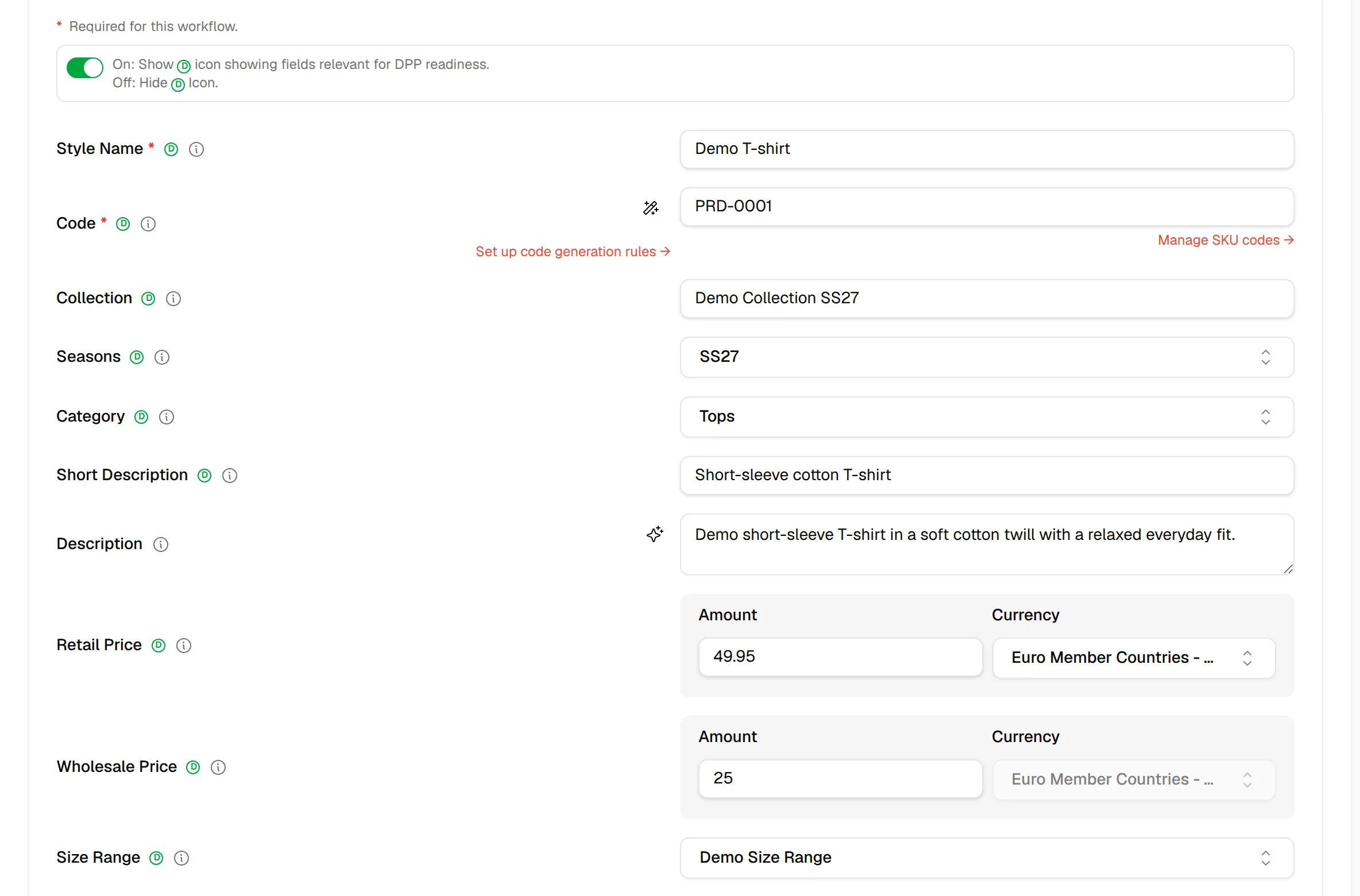 The style fields from Style Name and Code to Size Range, filled in for the demo style