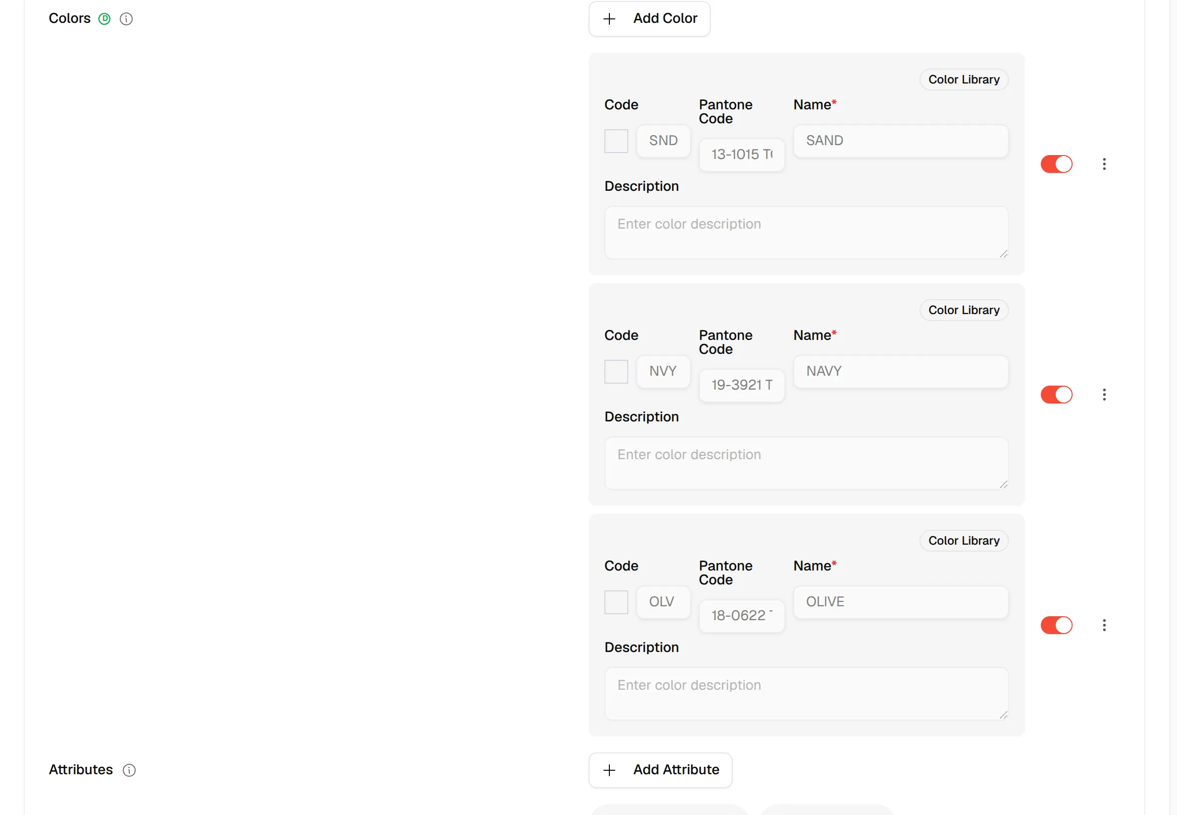 The Colors field with Add Color and one card per colour, each with Code, Pantone Code, Name, Color Library badge and the status toggle