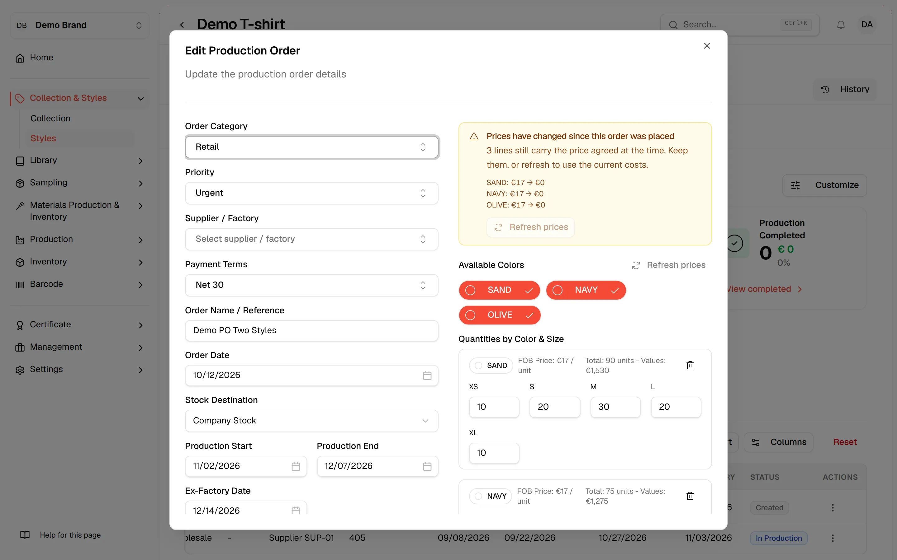 The Edit Production Order window with the order fields, the colours and the Update Production Order button