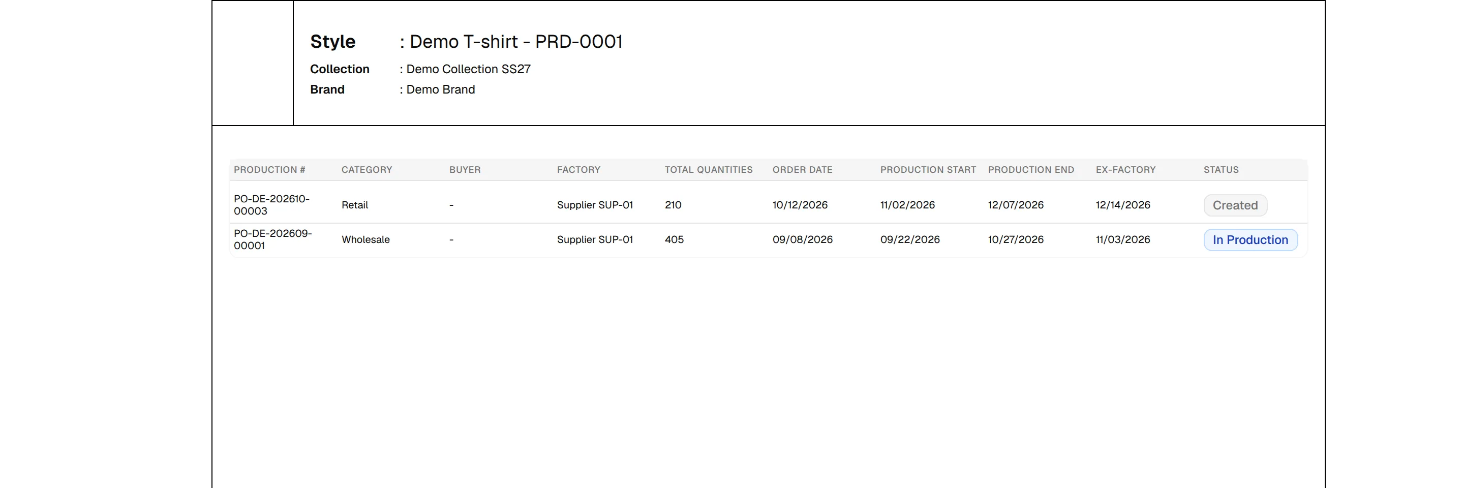 The print view of the production orders list of the style