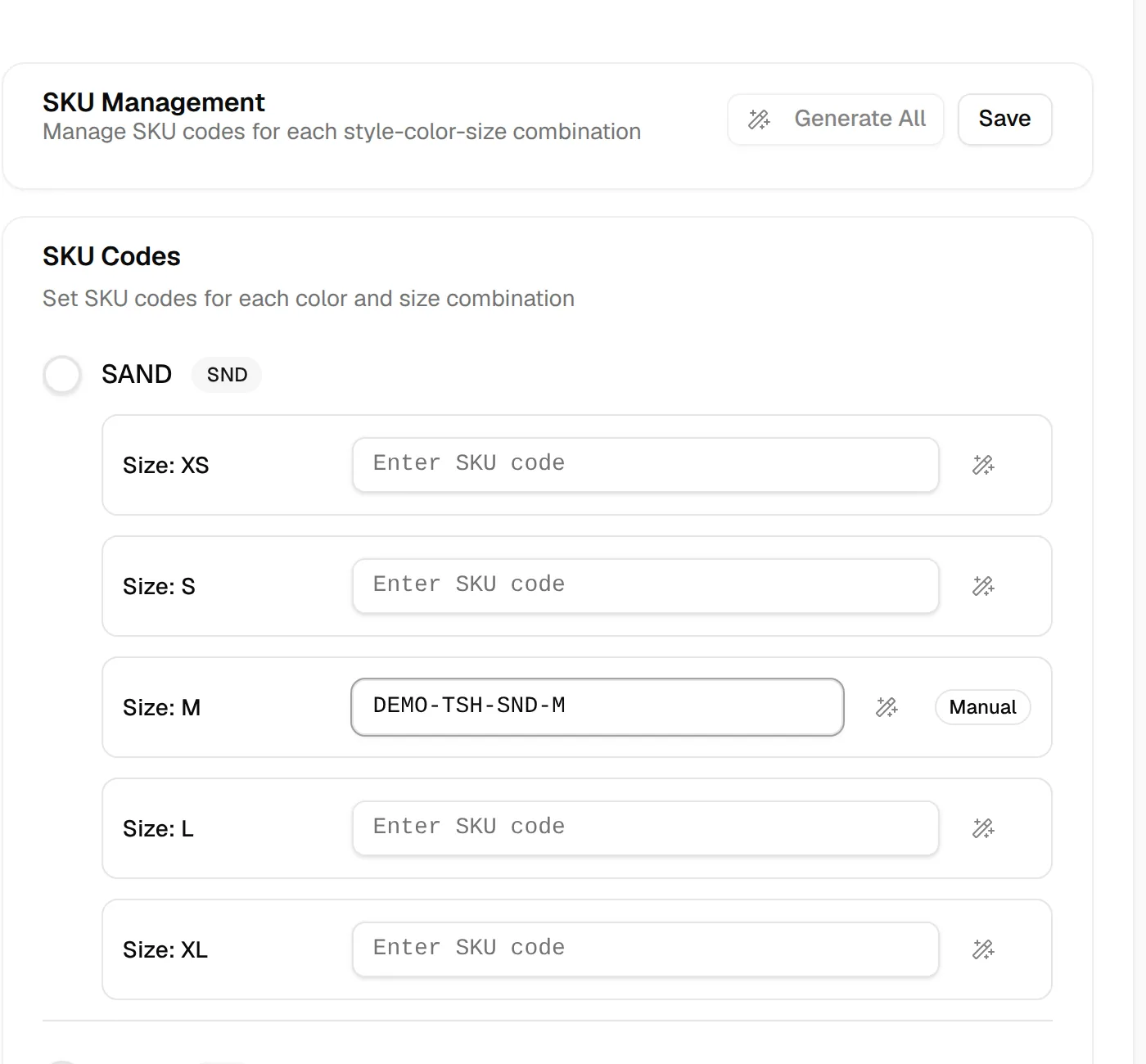 The SKU Codes list with a code typed in the Enter SKU code field of one size row