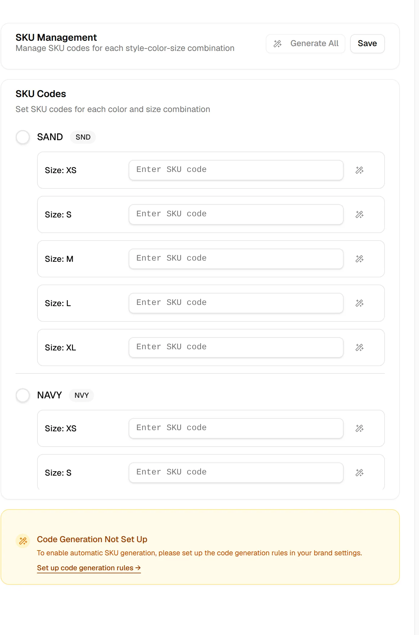 SKU Management with the Generate All and Save buttons, and the Code Generation Not Set Up notice below the list because the code generator is not configured