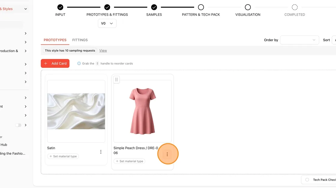Under the relevant card section (e.g., Fabric & Trims, Measurements, etc.), click the three-dot menu (⋮) on the specific…