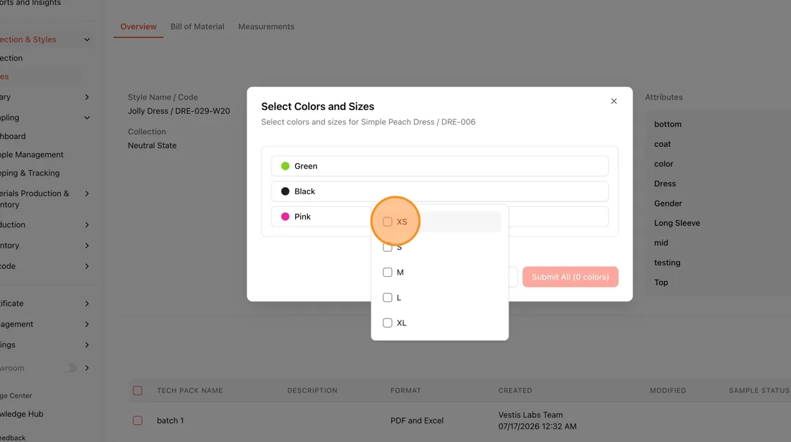 A list of available sizes (XS, S, M, L, XL) appears under the selected color.