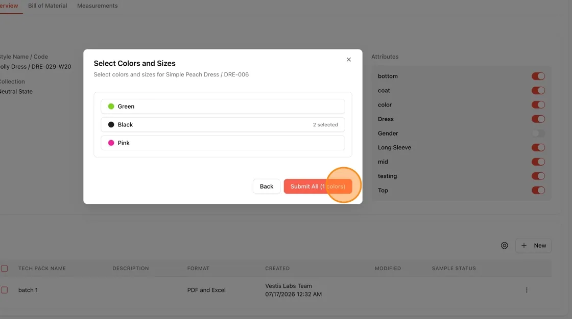 Once your sizes are selected, the color row updates to show how many sizes were selected (for example, "2 selected").