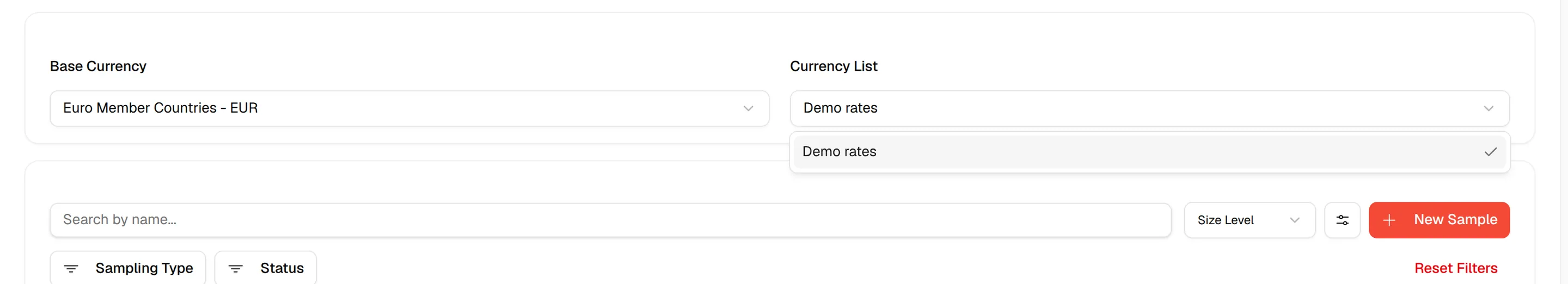 The Currency List dropdown with the currency lists to convert the sampling costs to the base currency