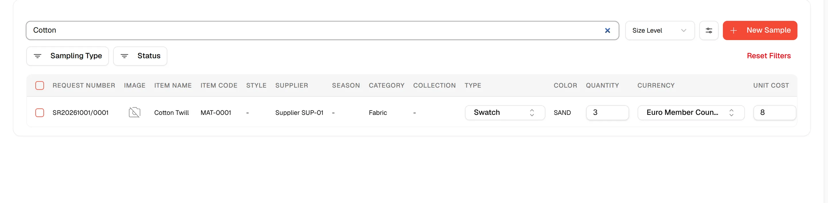 The search field with an item name typed in and only the matching sample left in the table