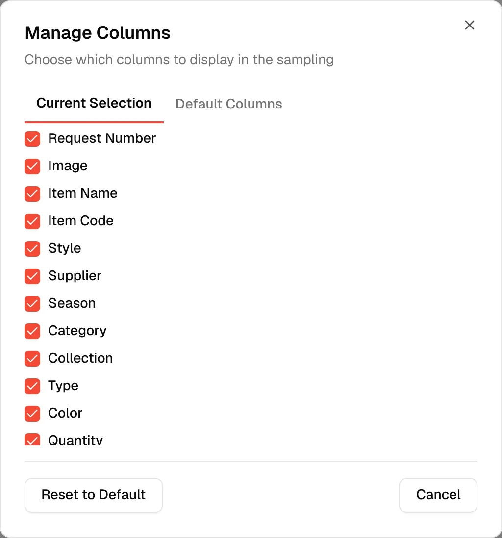 The Manage Columns window for the sampling table with a switch for each column
