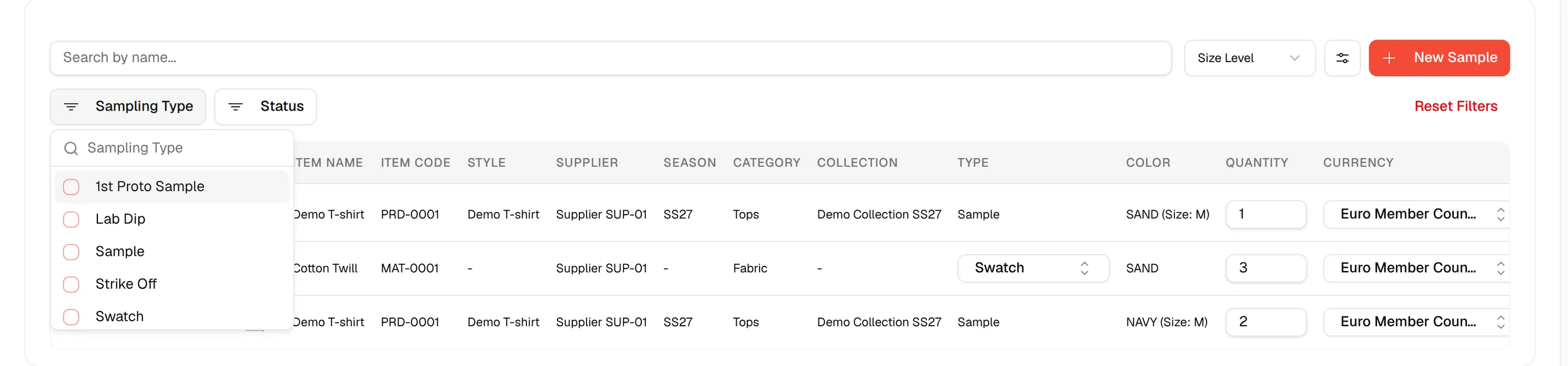 The Sampling Type filter open with the sample types to choose from
