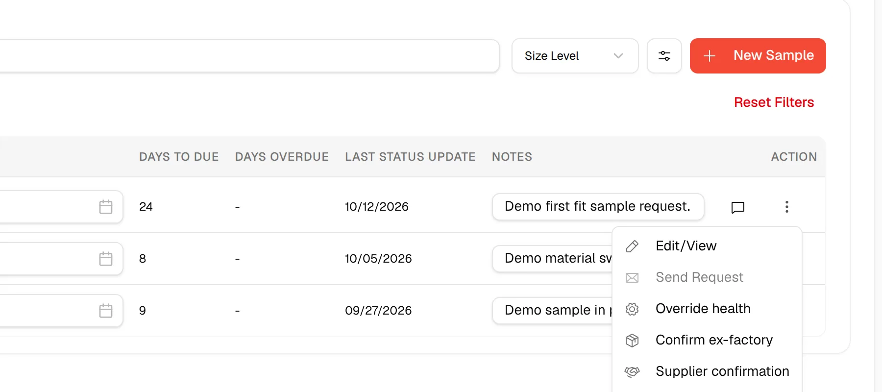 The Actions menu at the end of a sample row