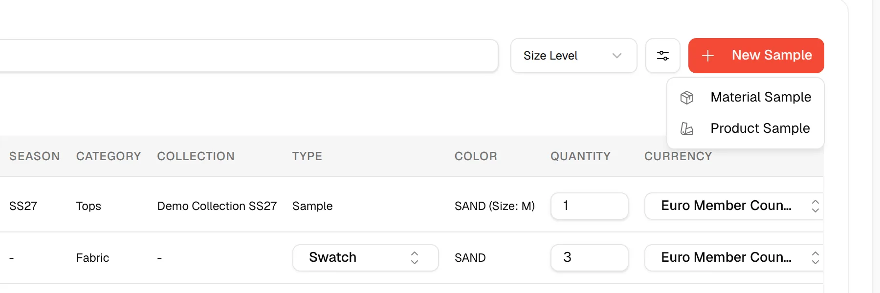 The New Sample button with the choice between Material Sample and Product Sample