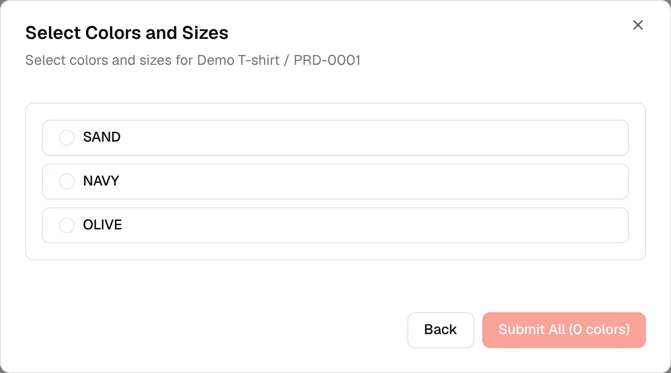 The Select Colors and Sizes window listing the colours of the style