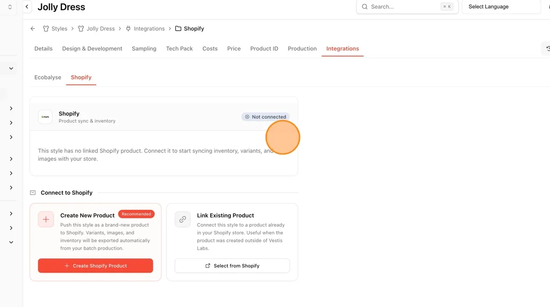View Shopify integration status for this style