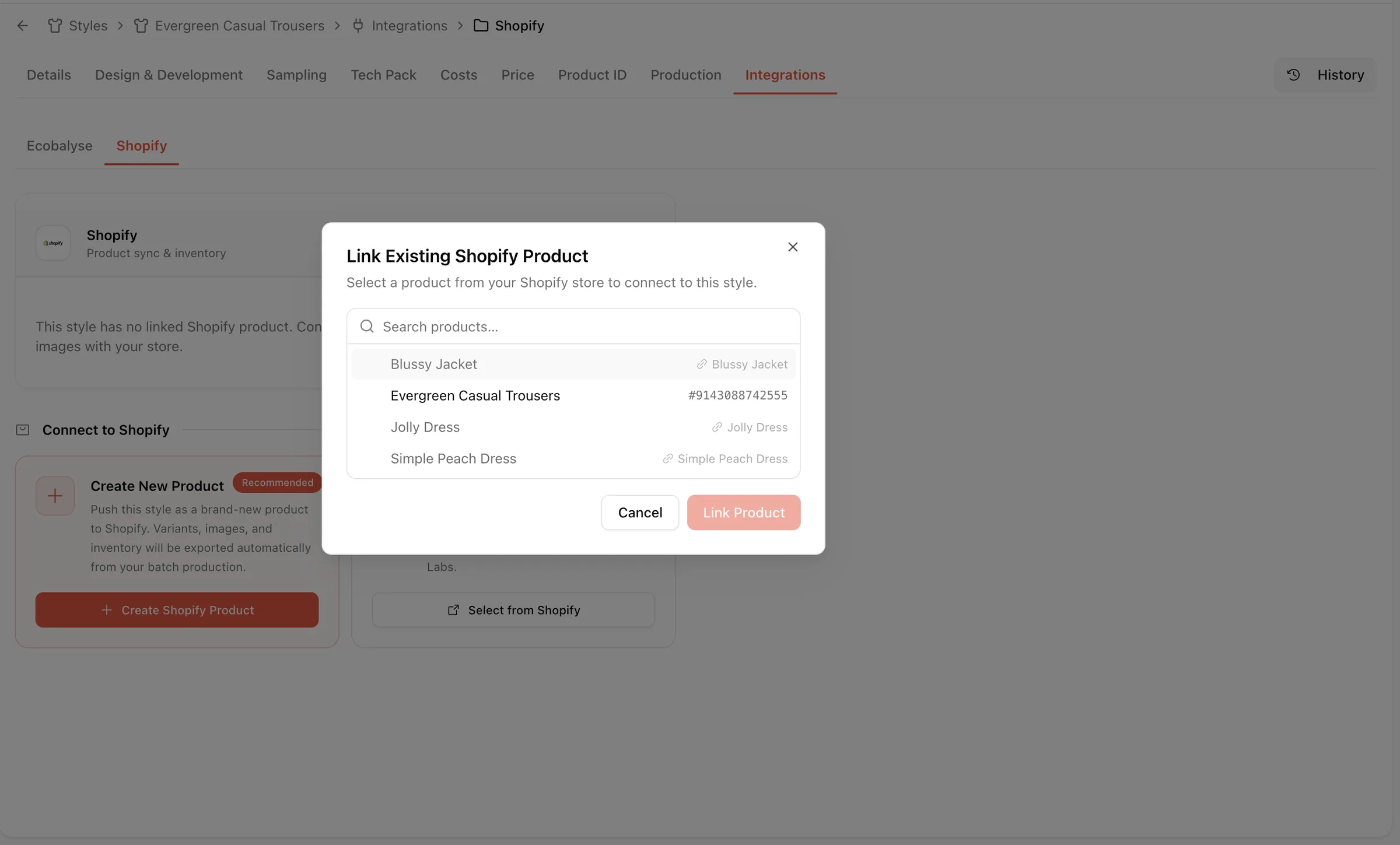 Find the Shopify product you want to link, or scroll through the list of available products.