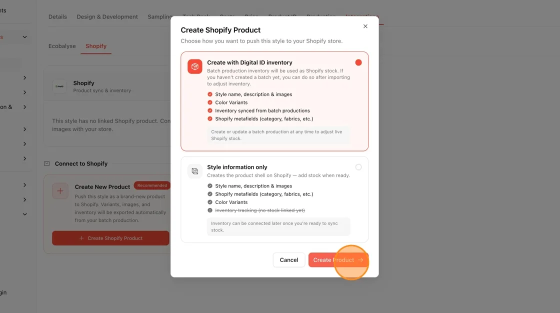 If choosing the Digital ID inventory route, review the checklist confirming what will sync (style name/description/images,…