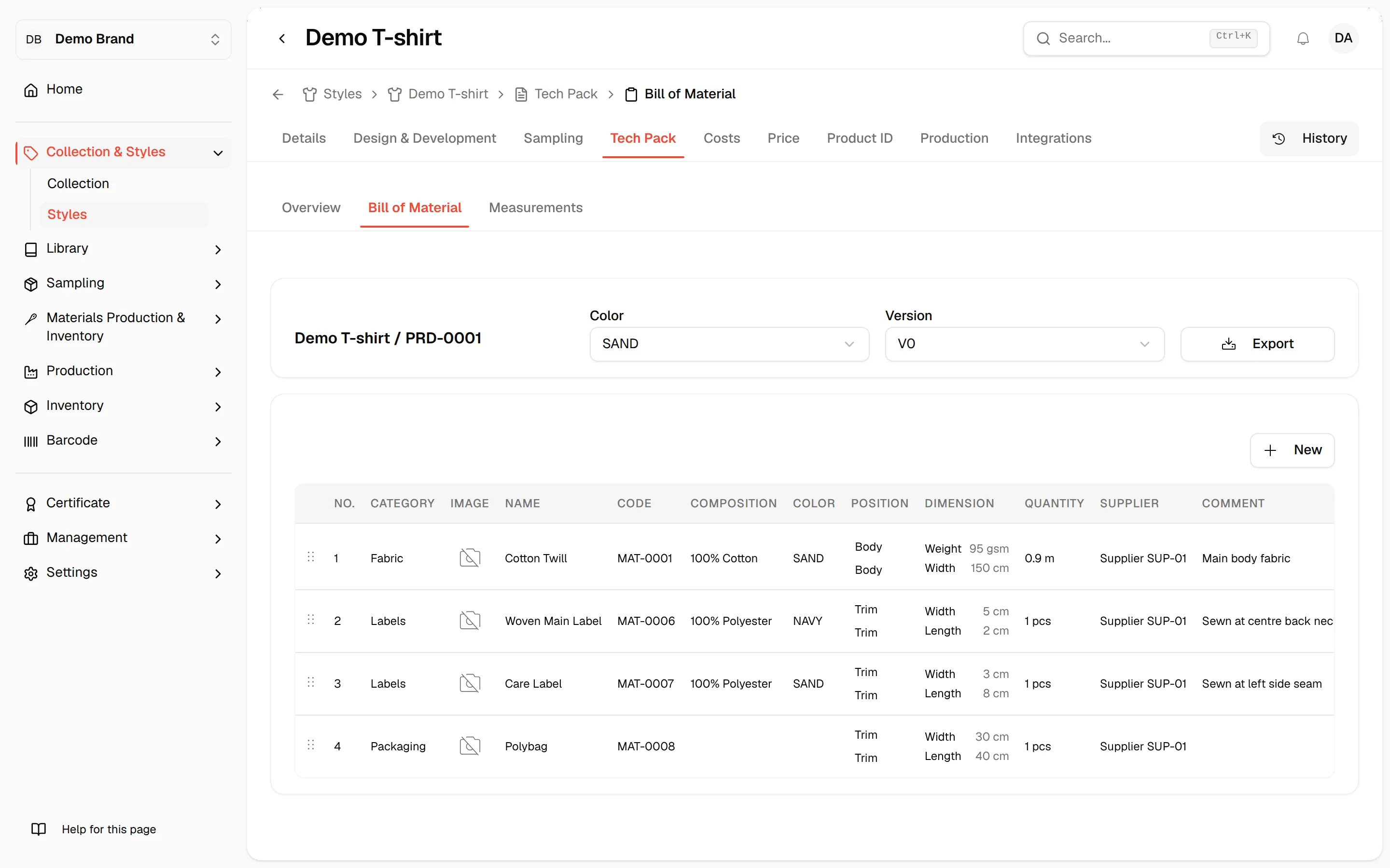The Bill of Material tab with the Color and Version dropdowns, Export, New and the material table