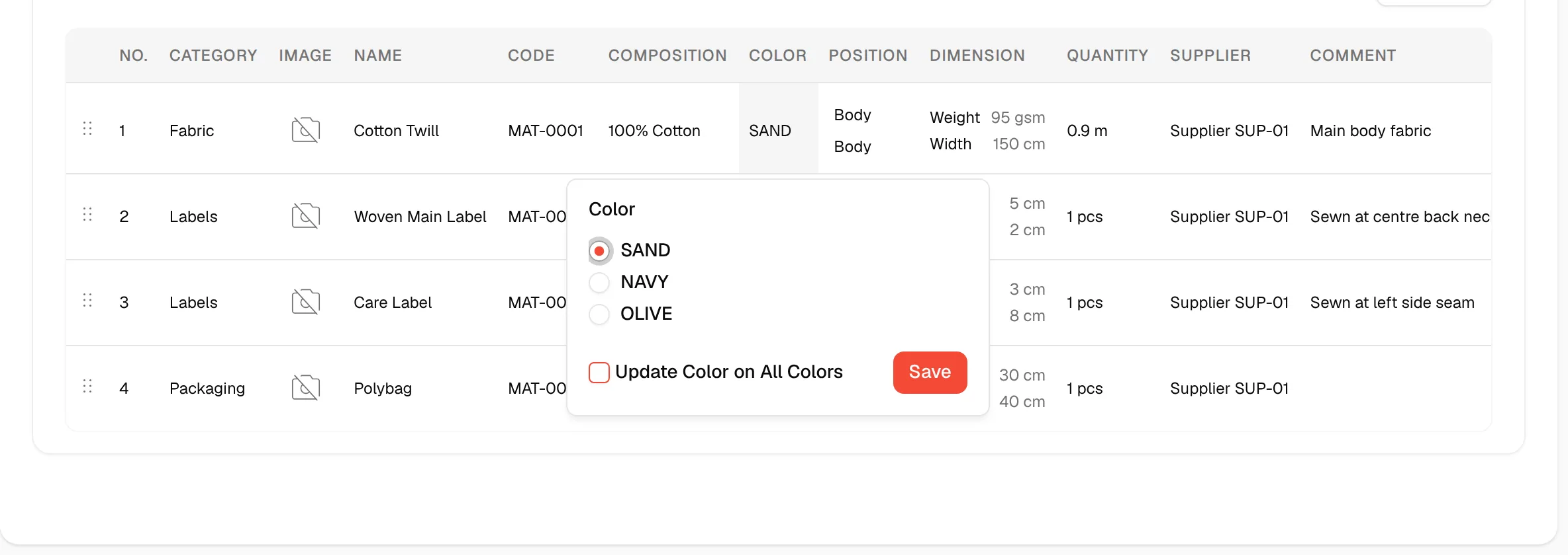 The colour popover of a BOM row with a radio button per colour, the Update Color on All Colors checkbox and Save