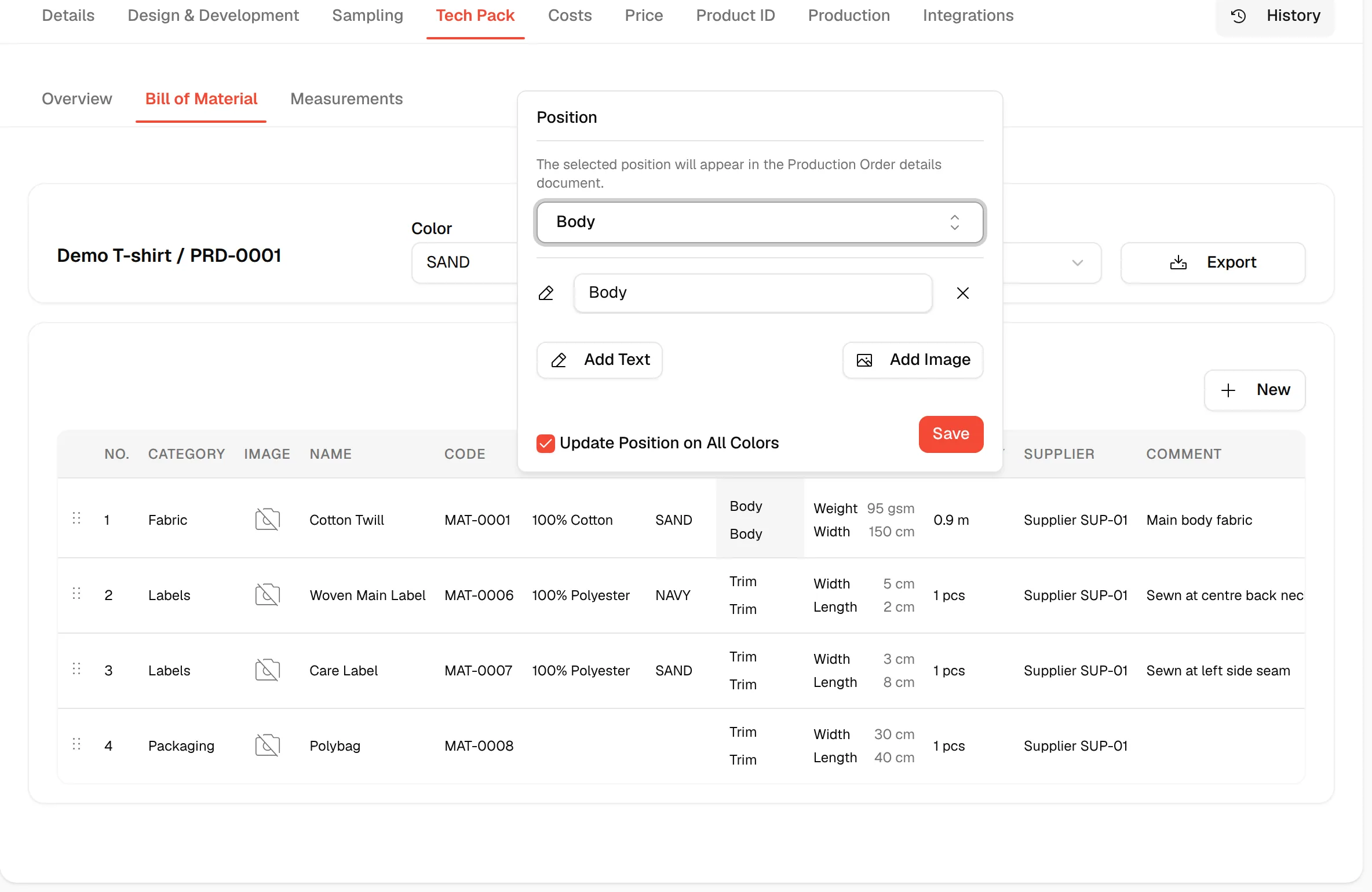The position popover of a BOM row with the Update Position on All Colors checkbox and Save