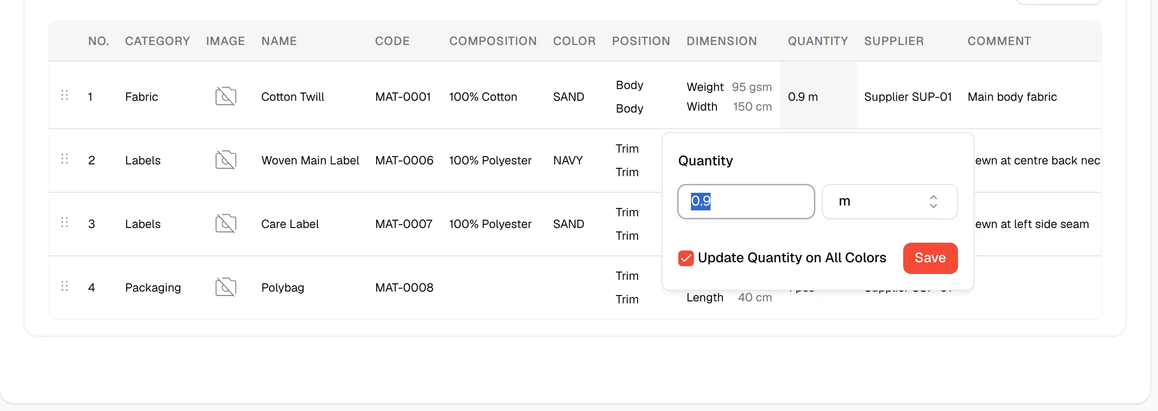 The quantity popover of a BOM row with the quantity and unit fields and Save