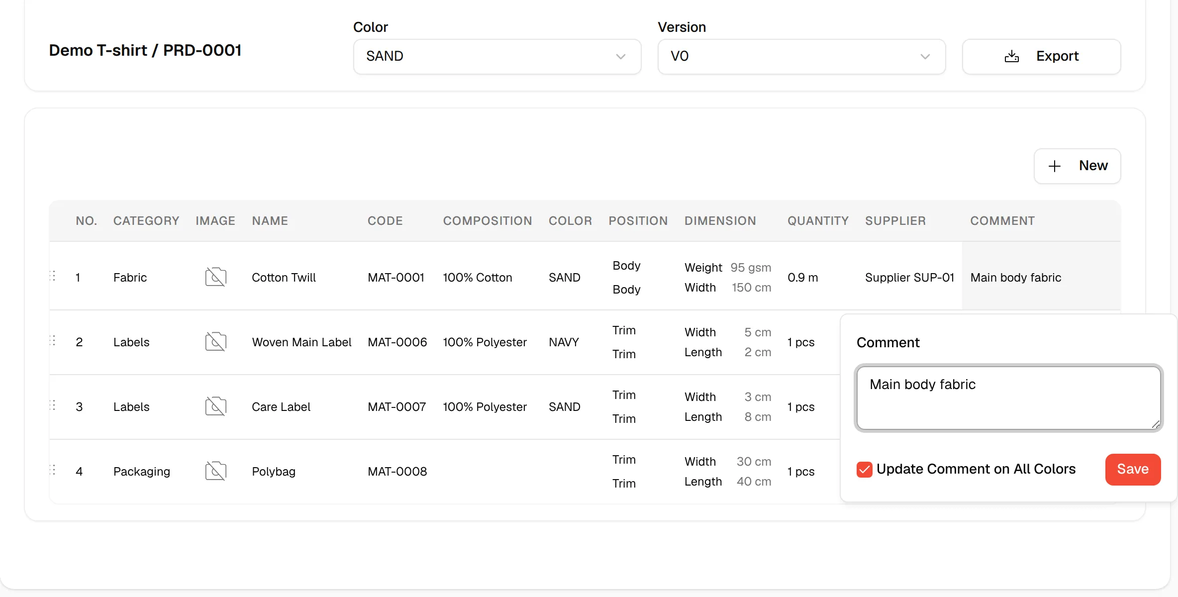 The comment popover of a BOM row with the Update Comment on All Colors checkbox and Save