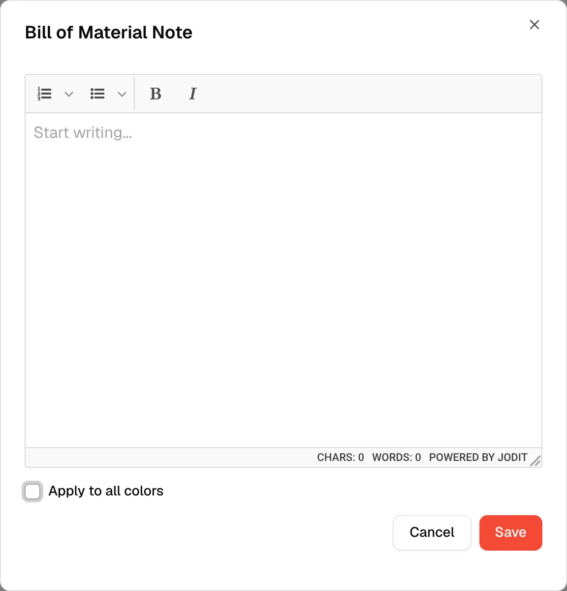 The Bill of Material Note dialog with the Apply to all colors checkbox
