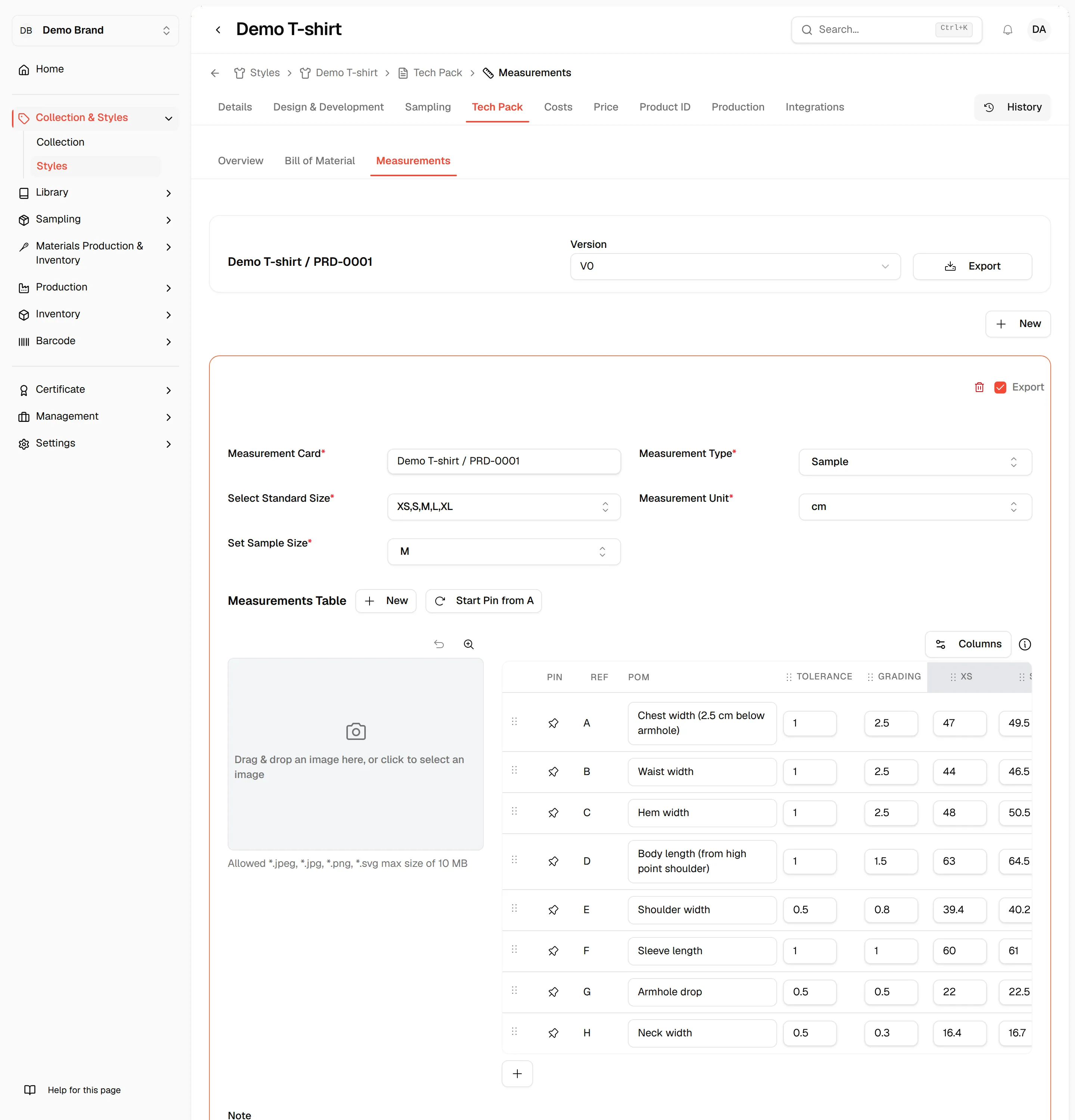 The Tech Pack Measurements tab with the Version dropdown, Export and the measurement card for the style