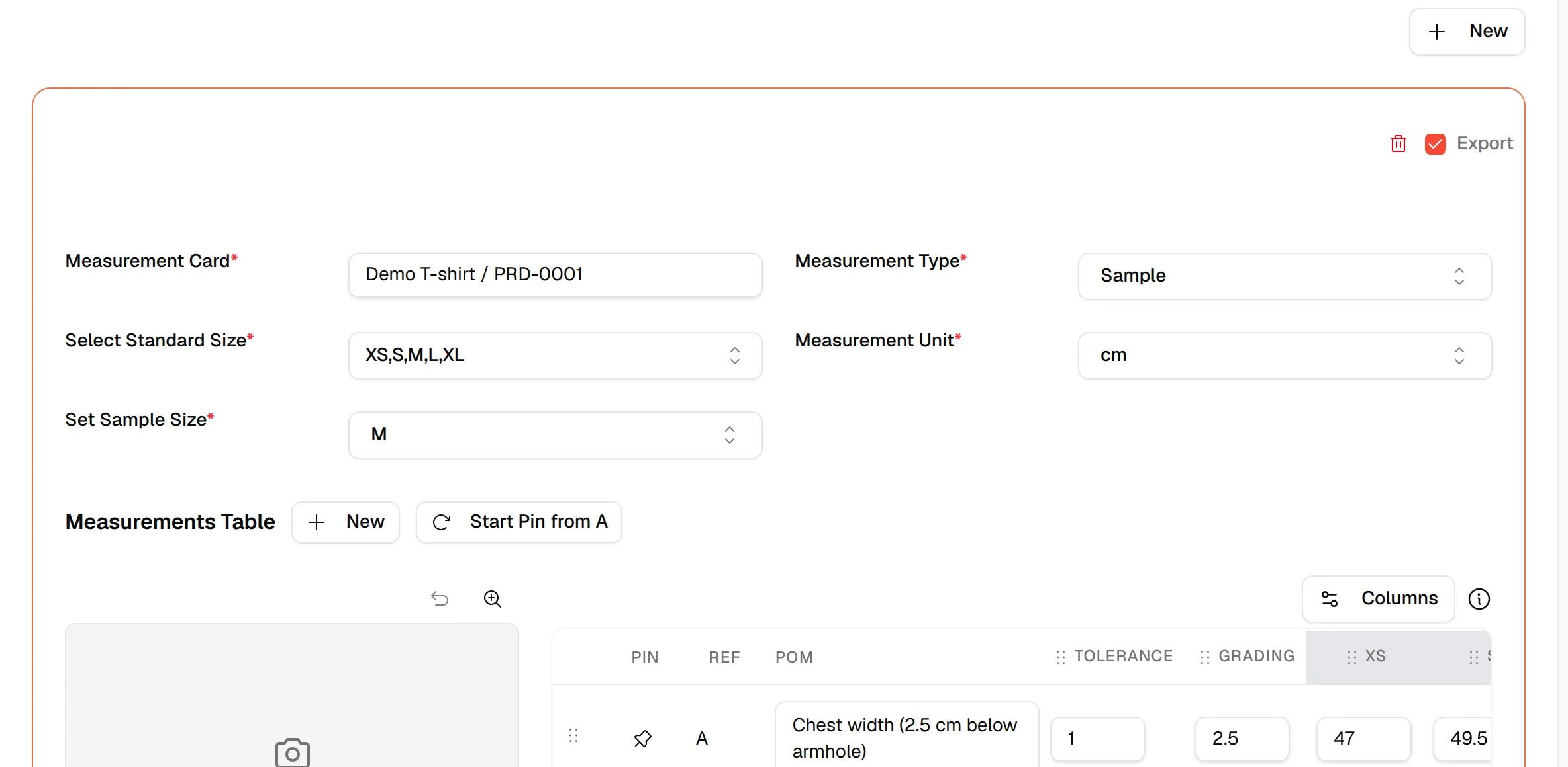 The measurement card fields: Measurement Card, Measurement Type, Select Standard Size, Set Sample Size, Measurement Unit and the New and Start Pin from A buttons