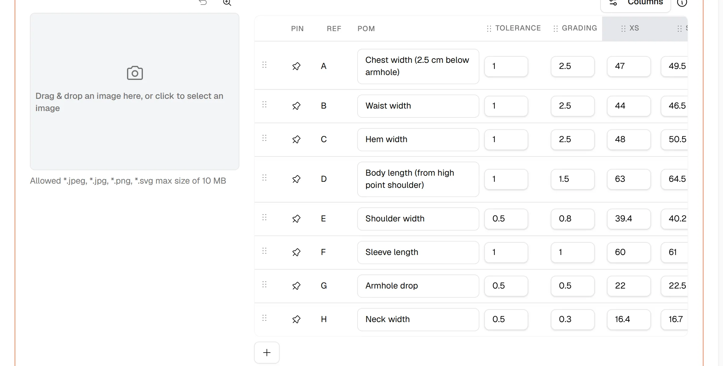 The measurements table with pin, reference, POM, tolerance and grading columns for each size