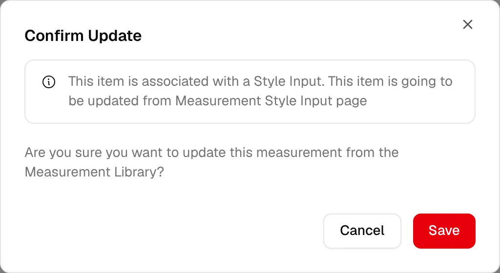 The Confirm Update dialog that appears after clicking Save on a measurement card