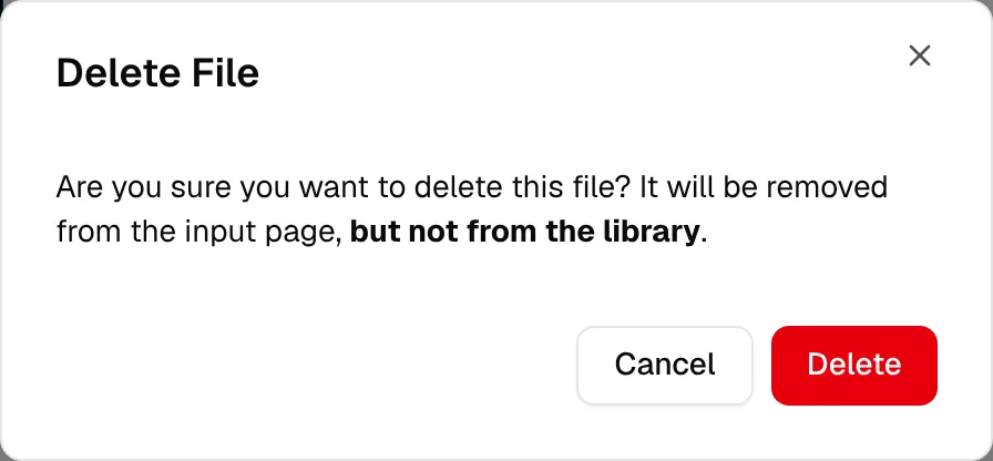 The Delete File confirmation shown after clicking the bin icon on a measurement card