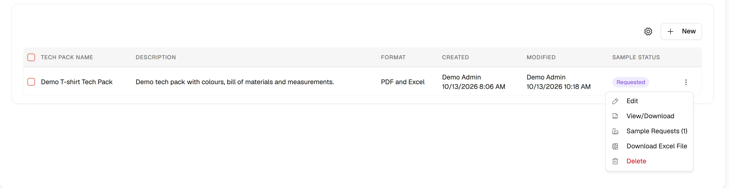 The three dots menu of a tech pack with Edit, View/Download, Sample Requests, Download Excel File and Delete